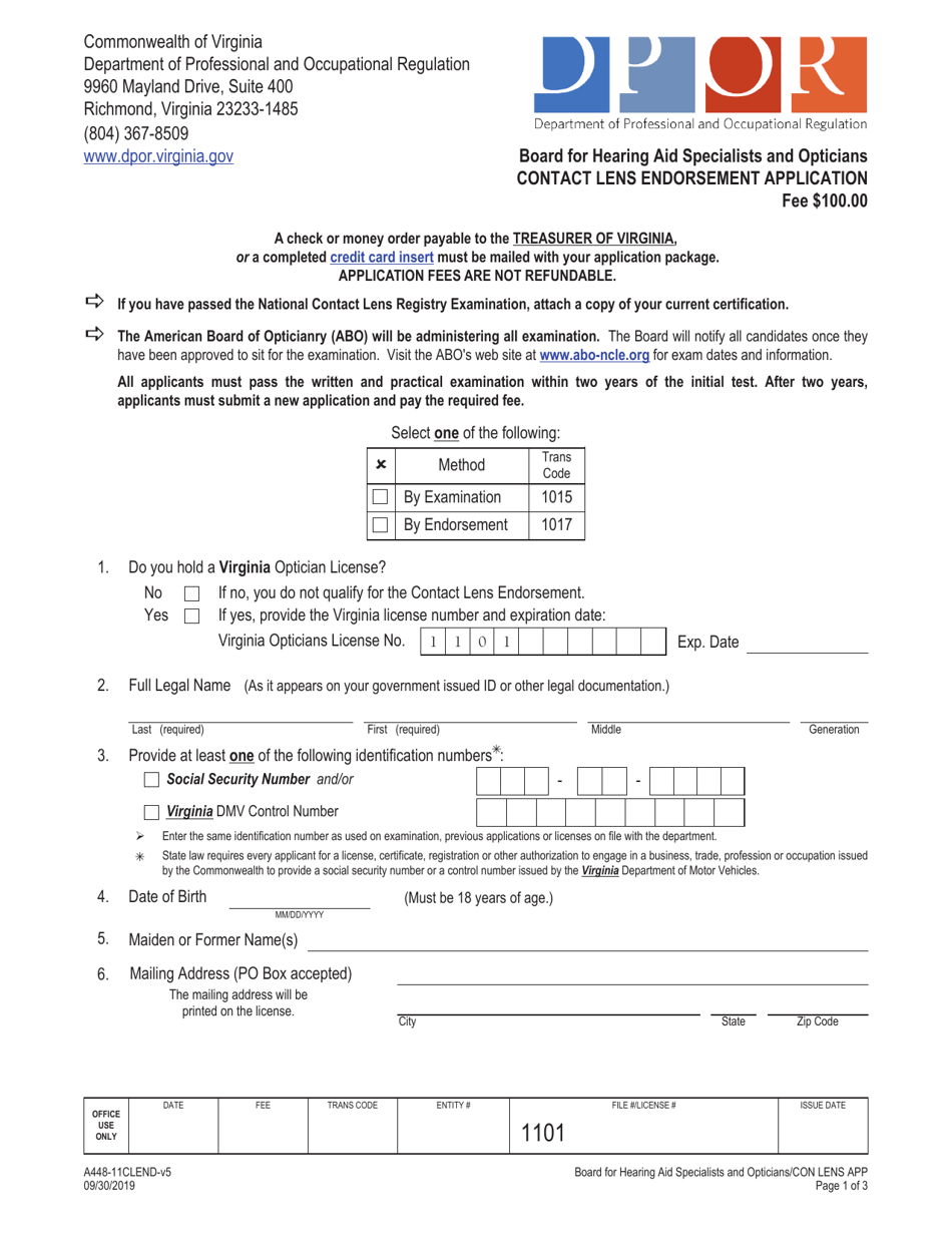 Form A448-11CLEND Contact Lens Endorsement Application - Virginia, Page 1