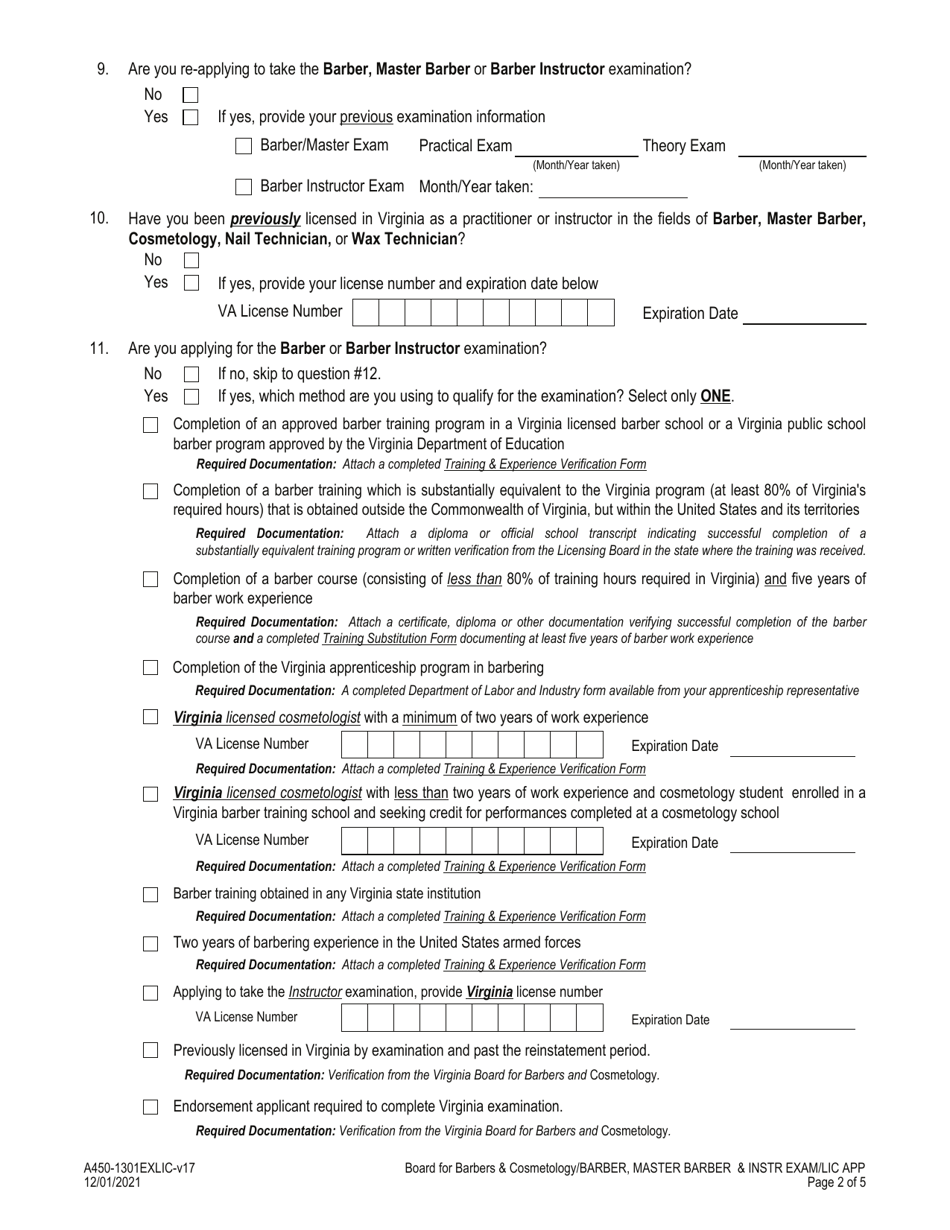 Form A450-1301EXLIC Barber / Master Barber - Instructor Examination  License Application - Virginia, Page 2