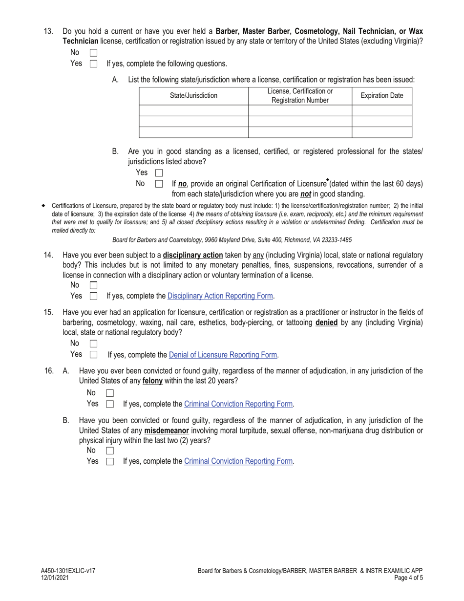 Form A450-1301EXLIC Barber / Master Barber - Instructor Examination  License Application - Virginia, Page 4