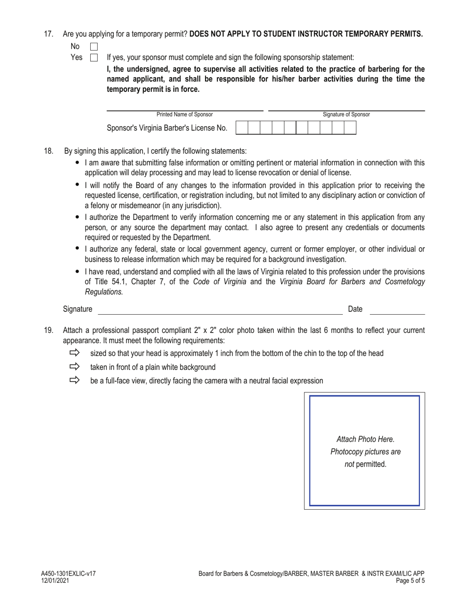 Form A450-1301EXLIC Barber / Master Barber - Instructor Examination  License Application - Virginia, Page 5