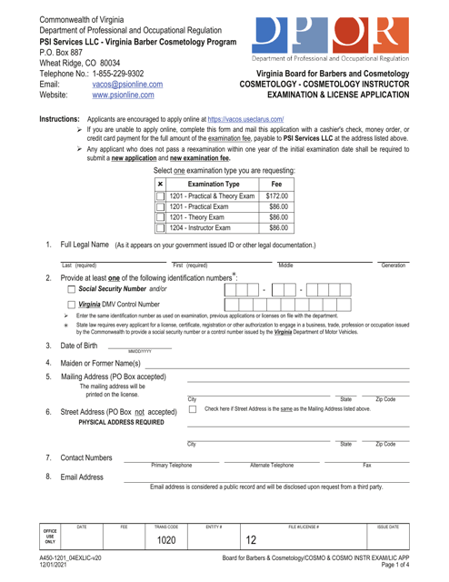 Form A450-1201_04EXLIC  Printable Pdf