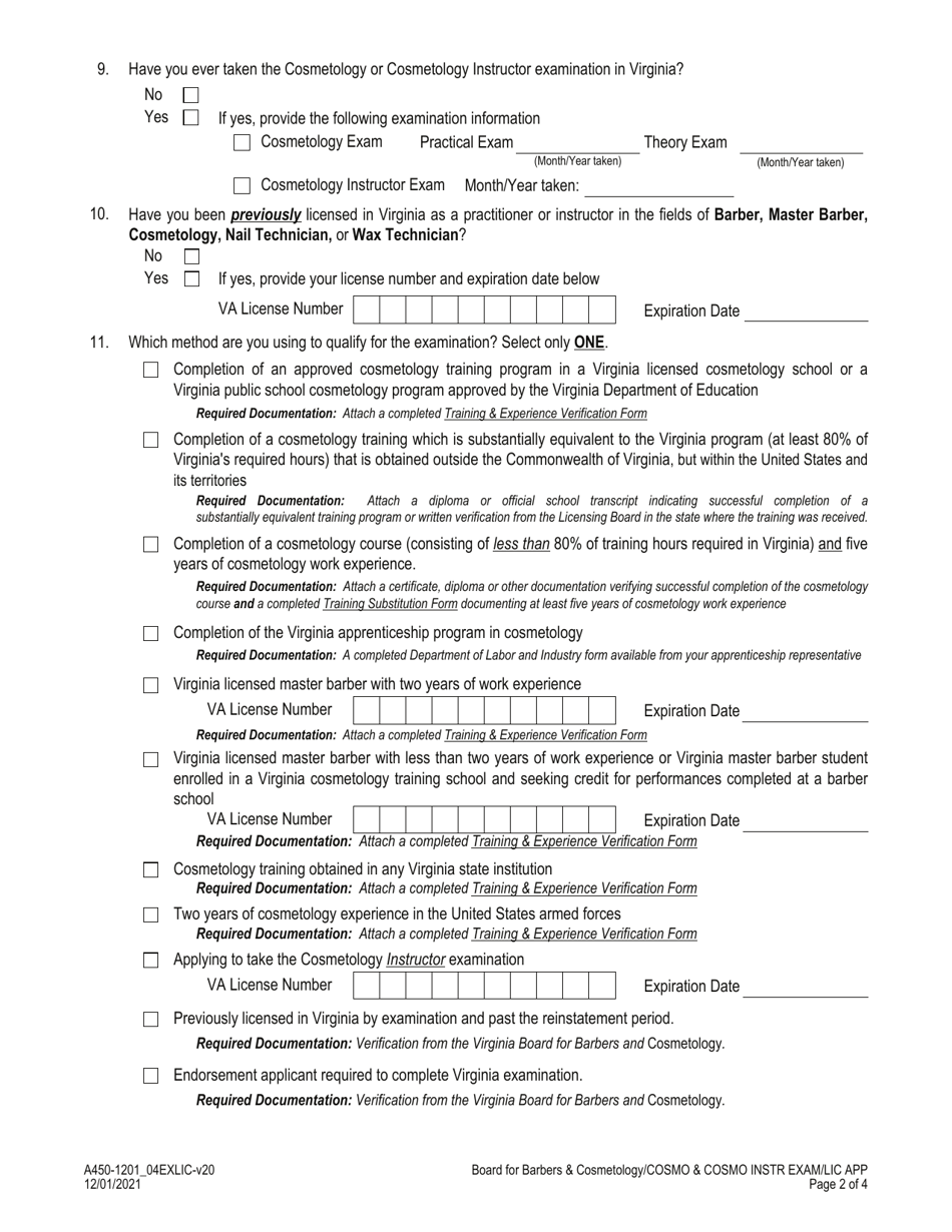 Form A450-1201_04EXLIC Cosmetology / Cosmetology Instructor Examination  License Application - Virginia, Page 2