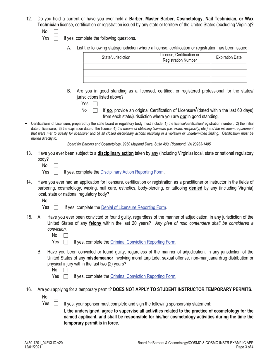 Form A450-1201_04EXLIC Cosmetology / Cosmetology Instructor Examination  License Application - Virginia, Page 3