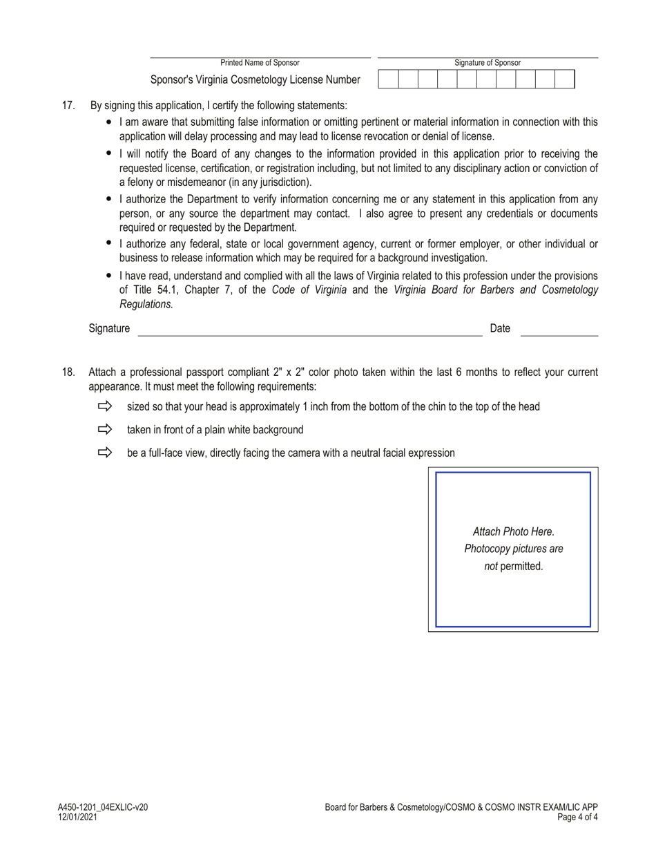 Form A450-1201_04EXLIC Cosmetology / Cosmetology Instructor Examination  License Application - Virginia, Page 4
