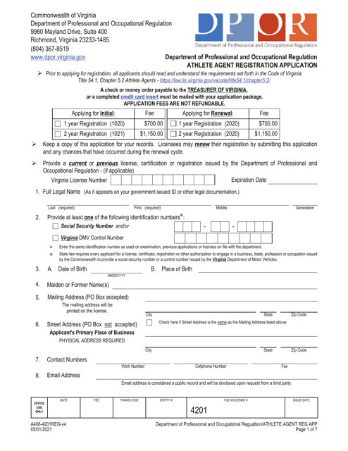 Form A406-4201REG Athlete Agent Registration Application - Virginia