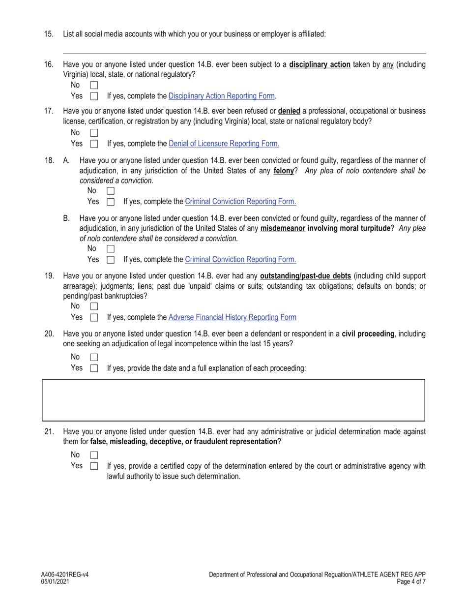 Form A406-4201REG Athlete Agent Registration Application - Virginia, Page 4
