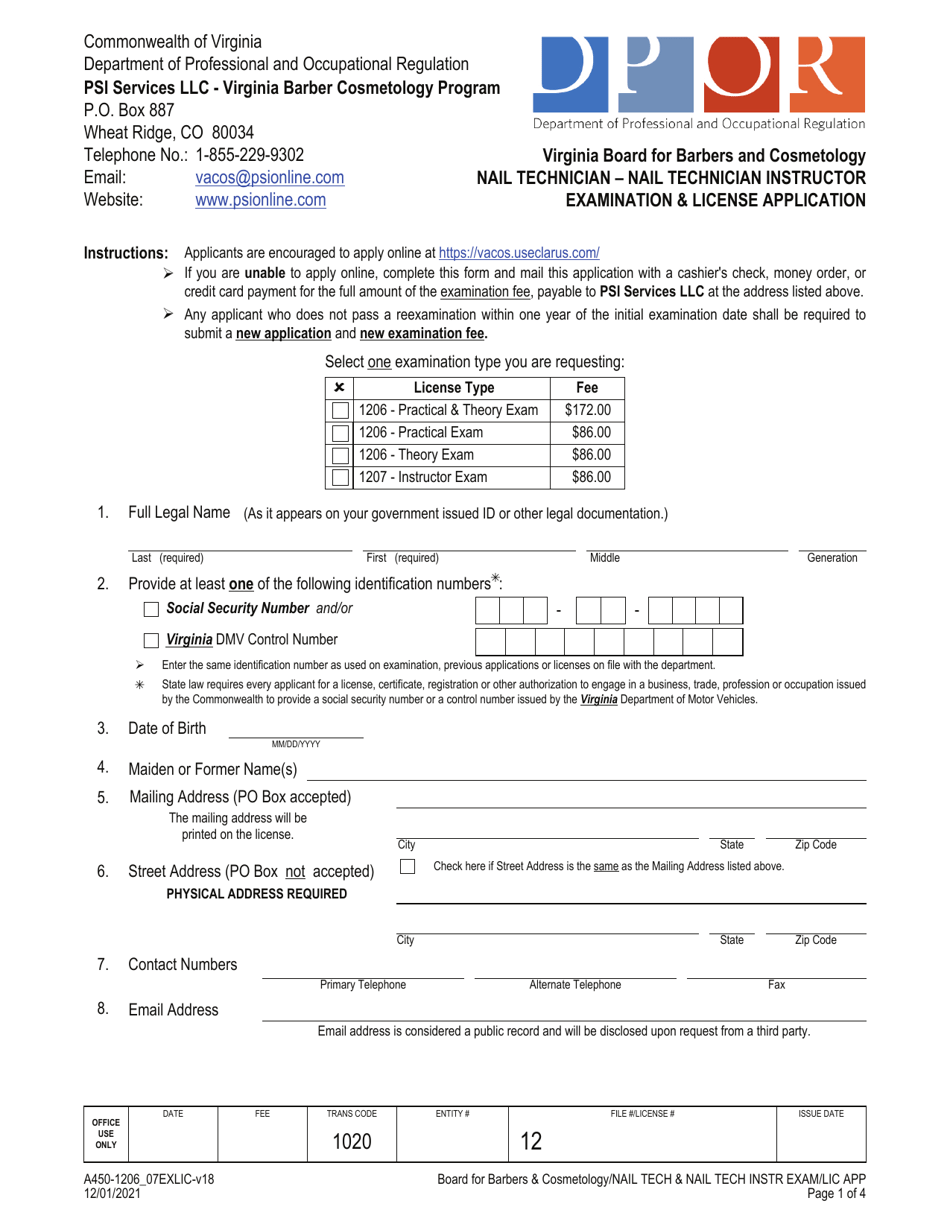 Form A450-1206_07EXLIC Nail Technician / Nail Technician Instructor Examination  License Application - Virginia, Page 1