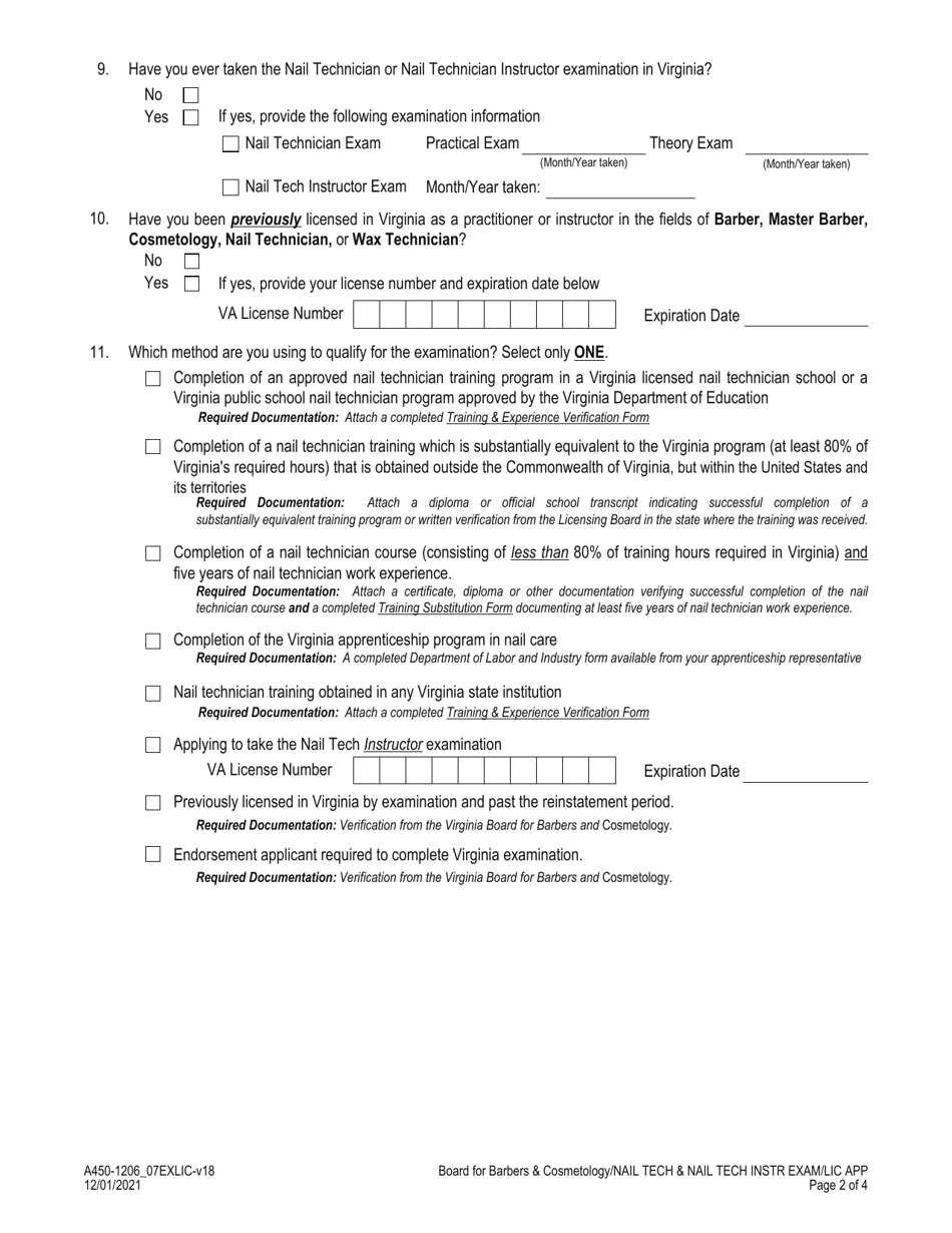 Form A450-1206_07EXLIC Nail Technician / Nail Technician Instructor Examination  License Application - Virginia, Page 2