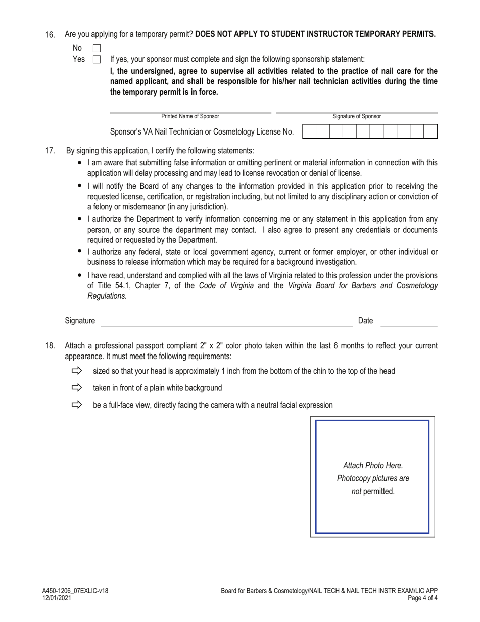 Form A450-1206_07EXLIC Nail Technician / Nail Technician Instructor Examination  License Application - Virginia, Page 4