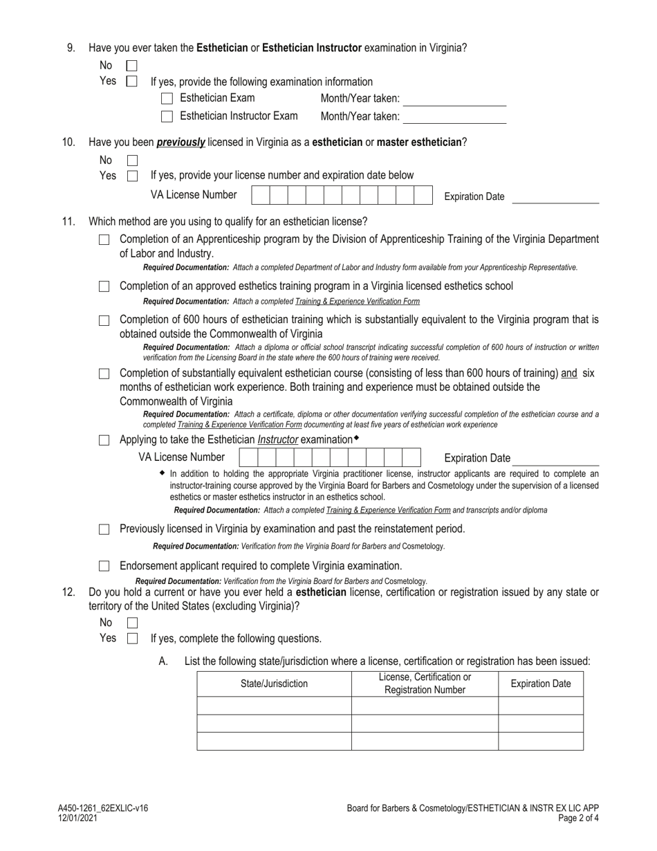 Form A450-1261_62EXLIC Esthetician / Esthetics Instructor Examination  License Application - Virginia, Page 2