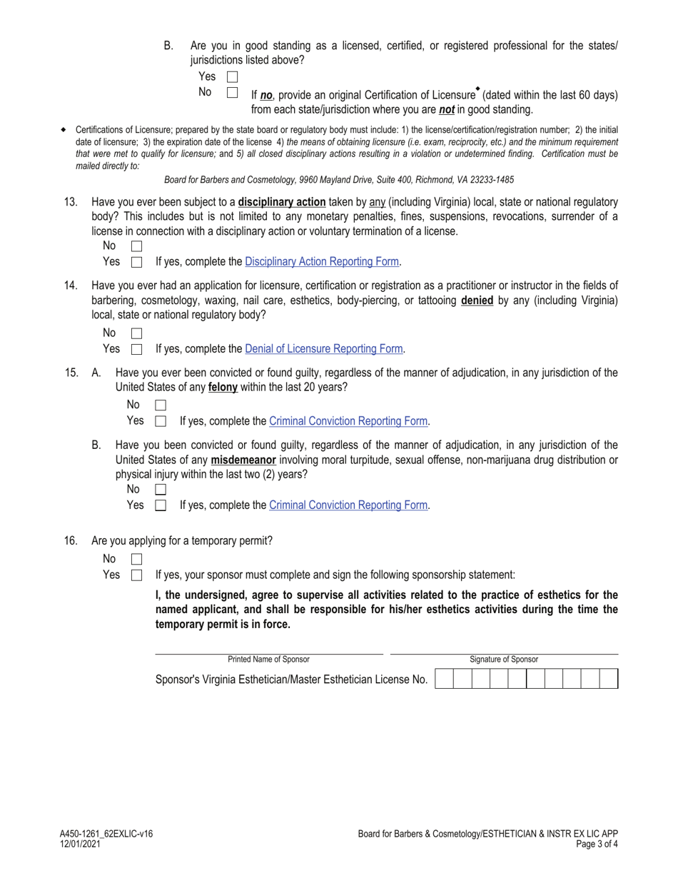 Form A450-1261_62EXLIC Esthetician / Esthetics Instructor Examination  License Application - Virginia, Page 3