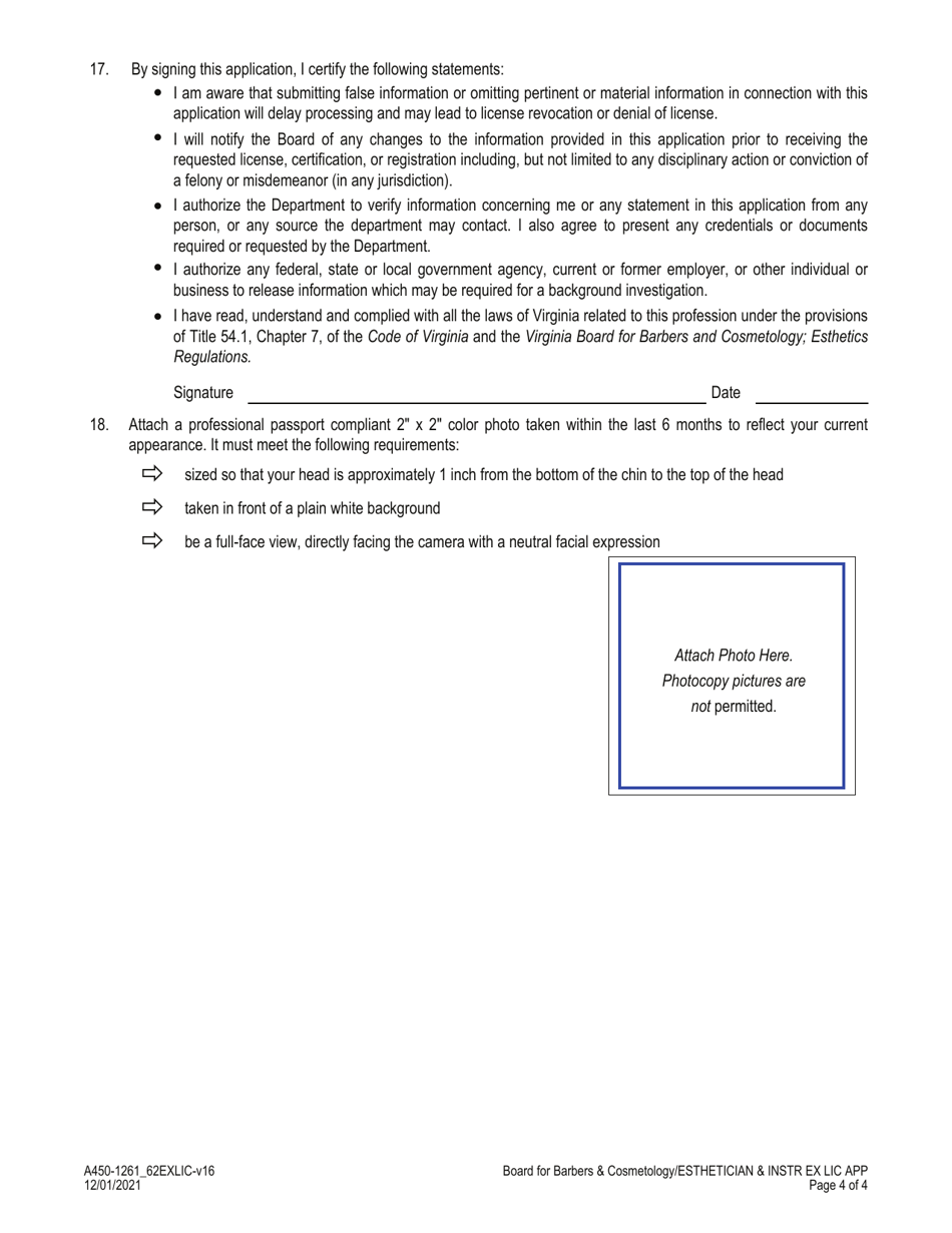 Form A450-1261_62EXLIC Esthetician / Esthetics Instructor Examination  License Application - Virginia, Page 4