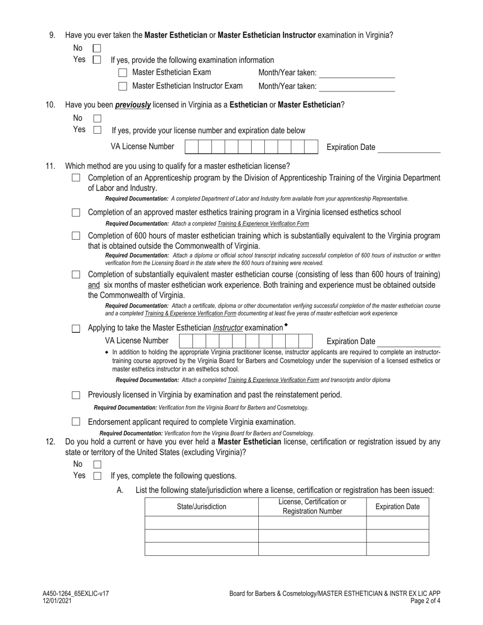 Form A450-1264_65EXLIC Master Esthetician - Master Esthetics Instructor Examination  License Application - Virginia, Page 2