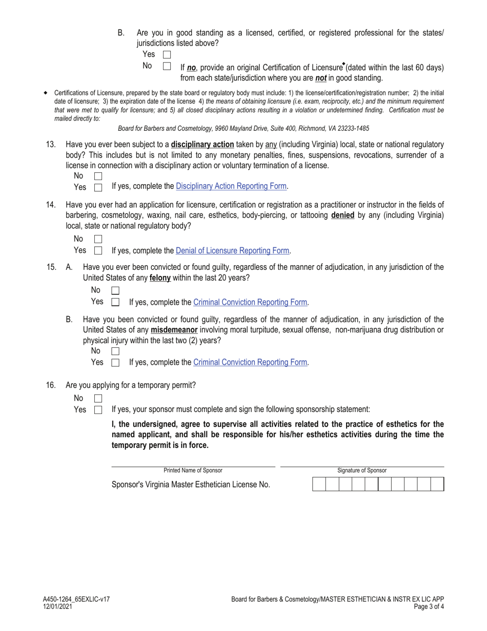 Form A450-1264_65EXLIC Master Esthetician - Master Esthetics Instructor Examination  License Application - Virginia, Page 3