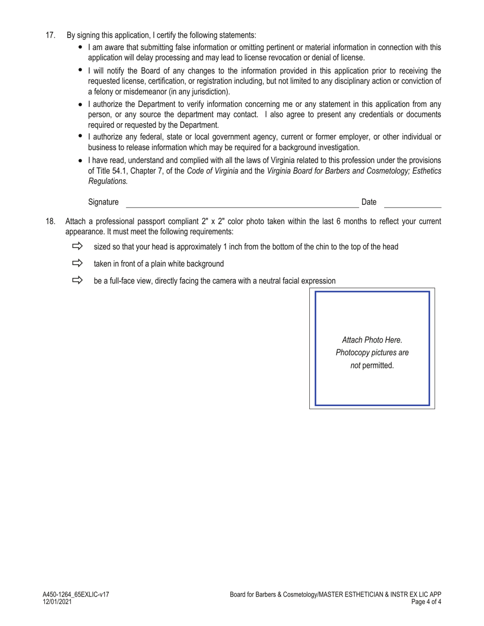 Form A450-1264_65EXLIC Master Esthetician - Master Esthetics Instructor Examination  License Application - Virginia, Page 4