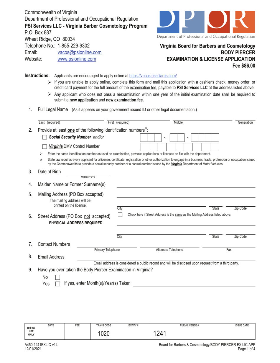 Form A450-1241EXLIC Body Piercer Examination  License Application - Virginia, Page 1