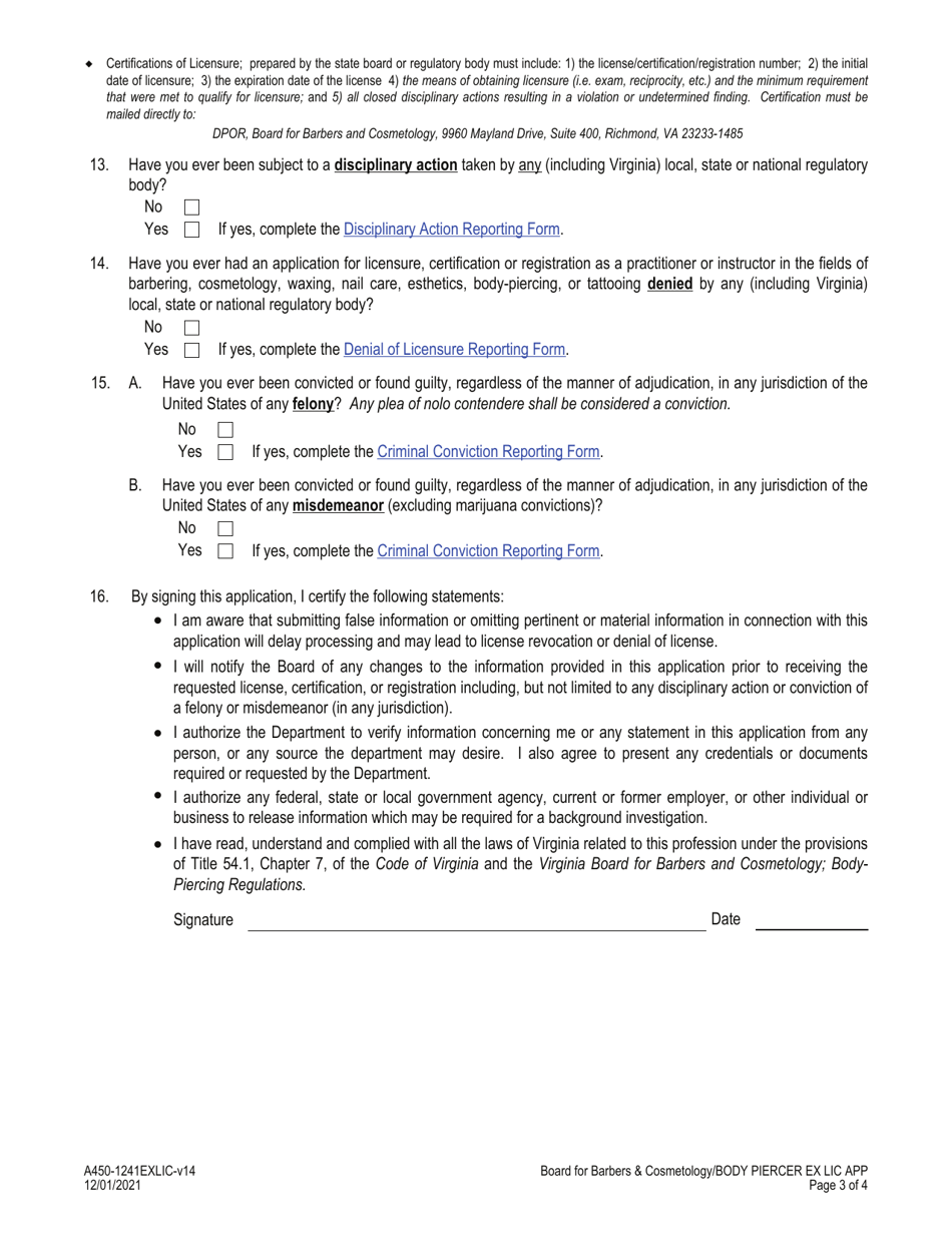Form A450-1241EXLIC Body Piercer Examination  License Application - Virginia, Page 3