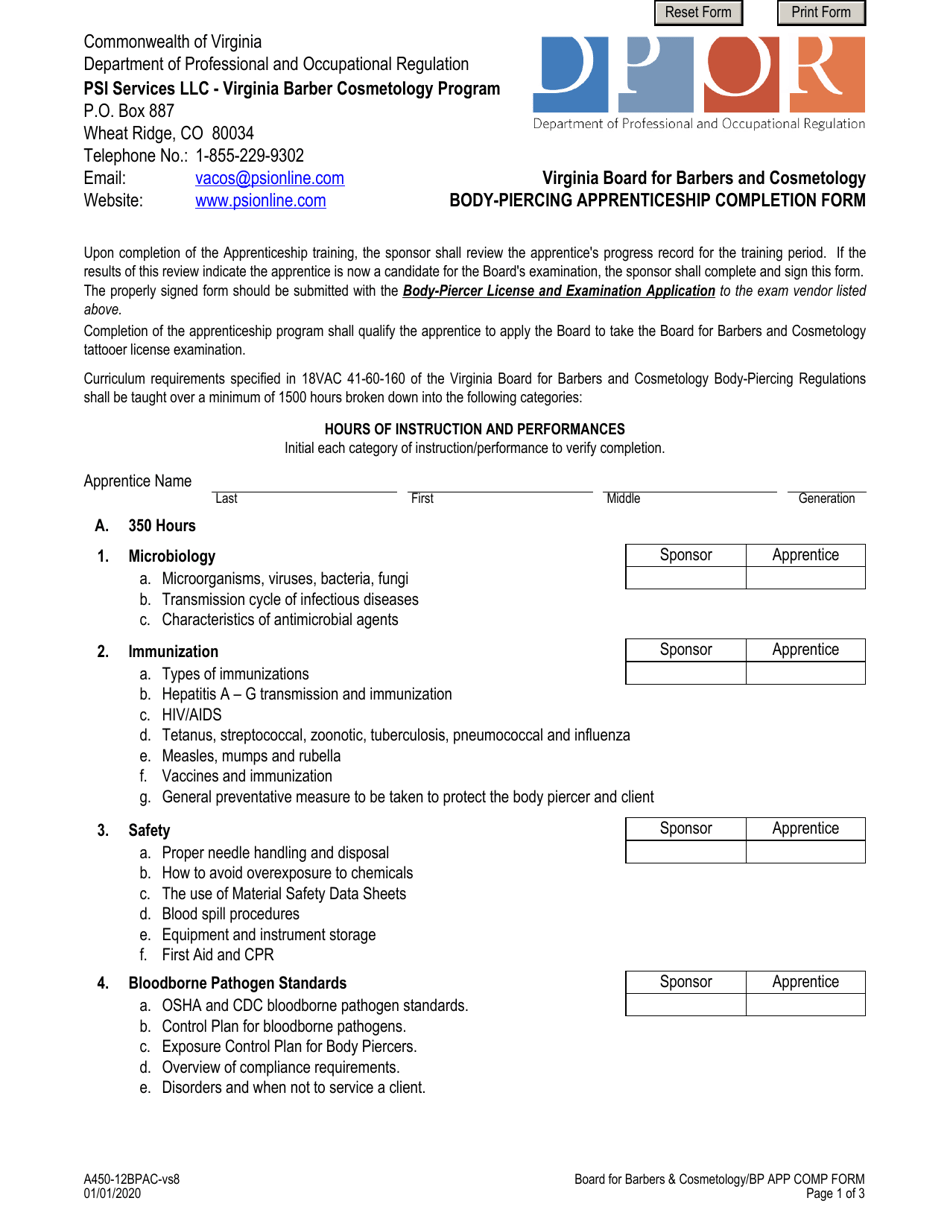 Form A450-12BPAC Body-Piercing Apprenticeship Completion Form - Virginia, Page 1