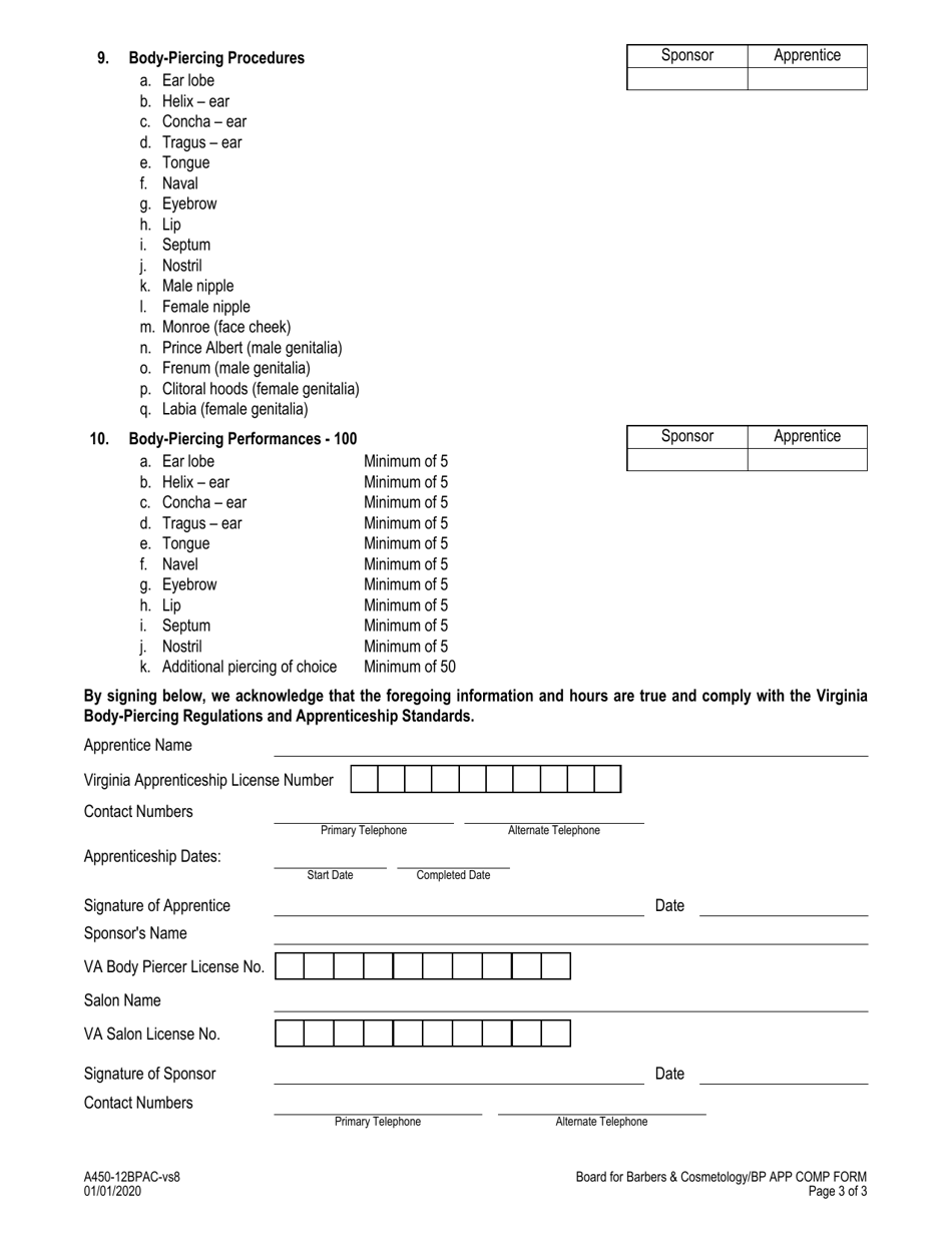 Form A450-12BPAC Body-Piercing Apprenticeship Completion Form - Virginia, Page 3