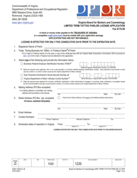 Form A450-1235LIC Limited Term Tattoo Parlor License Application - Virginia