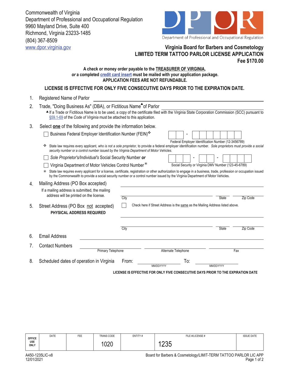 Form A450-1235LIC Limited Term Tattoo Parlor License Application - Virginia, Page 1