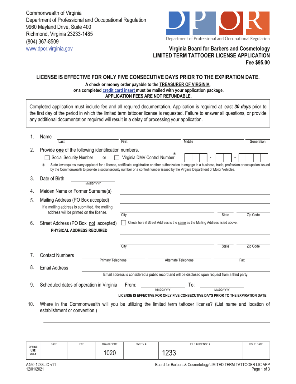 Form A450-1233LIC Limited Term Tattooer License Application - Virginia, Page 1