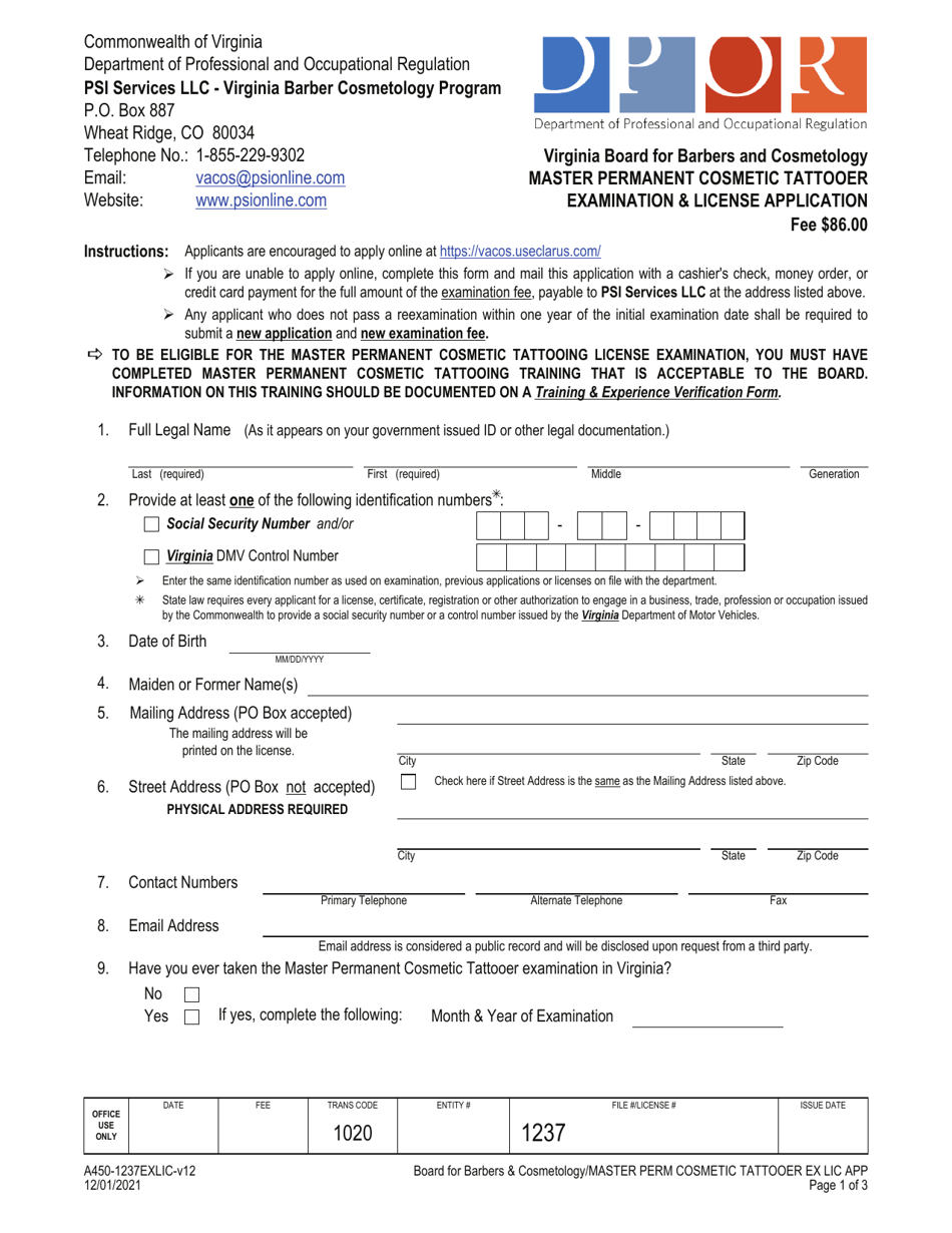 Form A450-1237EXLIC Master Permanent Cosmetic Tattooer Examination  License Application - Virginia, Page 1
