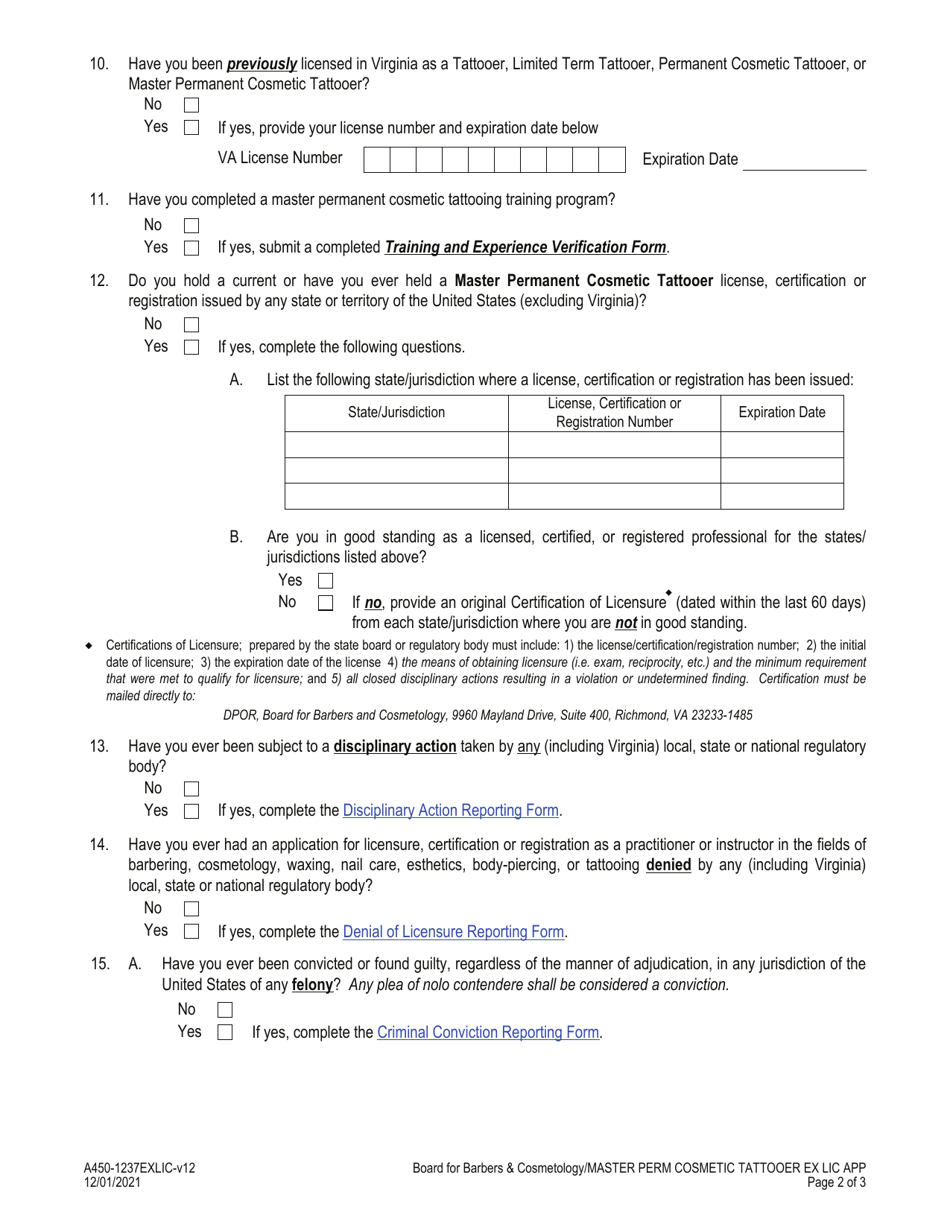 Form A450-1237EXLIC Master Permanent Cosmetic Tattooer Examination  License Application - Virginia, Page 2