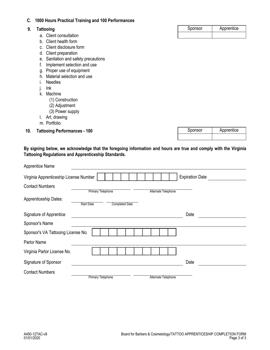 Form A450-12TAC Tattoo Apprenticeship Completion Form - Virginia, Page 3