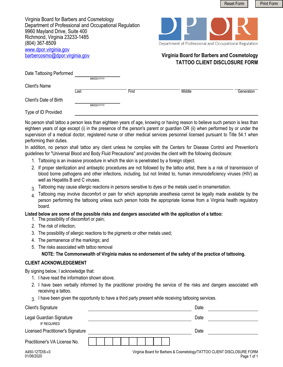 Form A450-12TDIS Tattoo Client Disclosure Form - Virginia, Page 1
