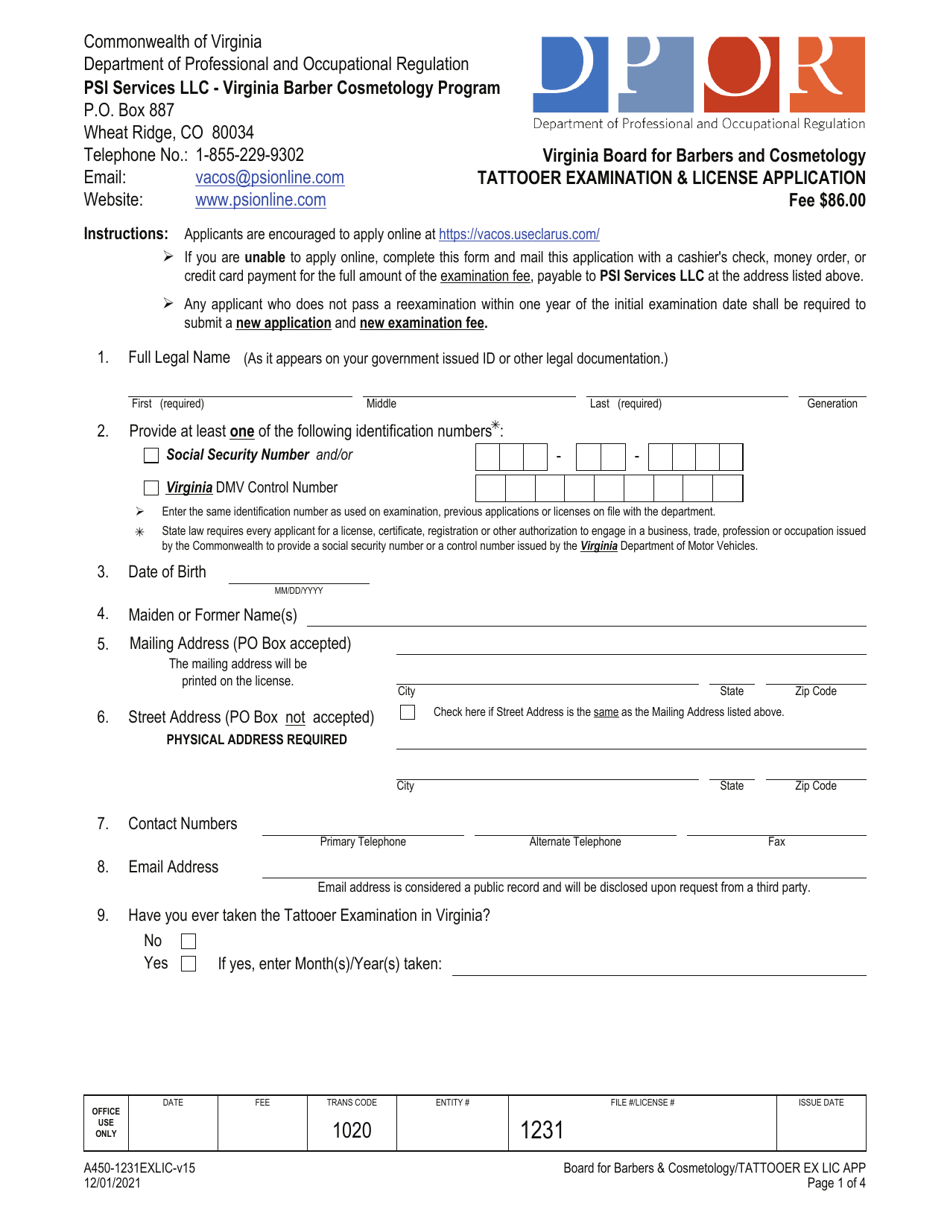 Form A450-1231EXLIC Tattooer Examination  License Application - Virginia, Page 1