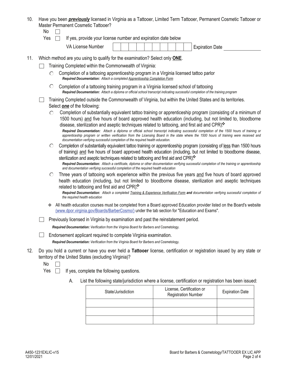 Form A450-1231EXLIC Tattooer Examination  License Application - Virginia, Page 2