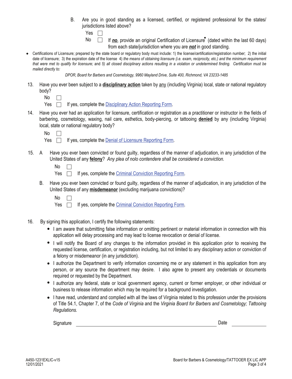 Form A450-1231EXLIC Tattooer Examination  License Application - Virginia, Page 3