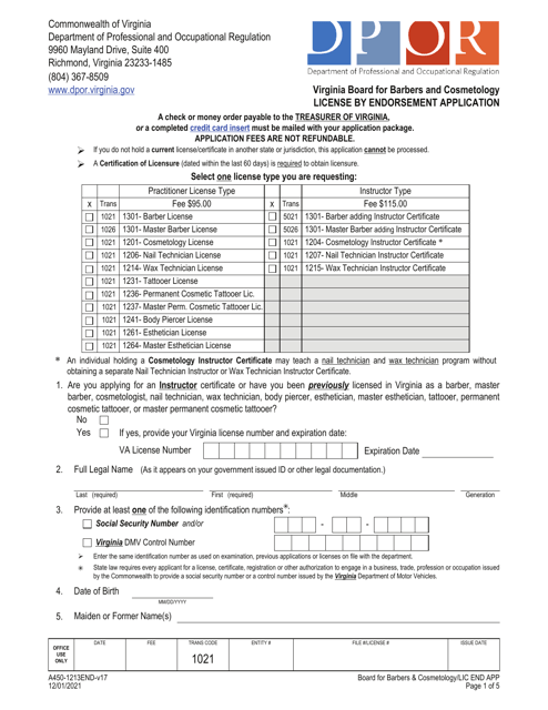 Form A450-1213END License by Endorsement Application - Virginia