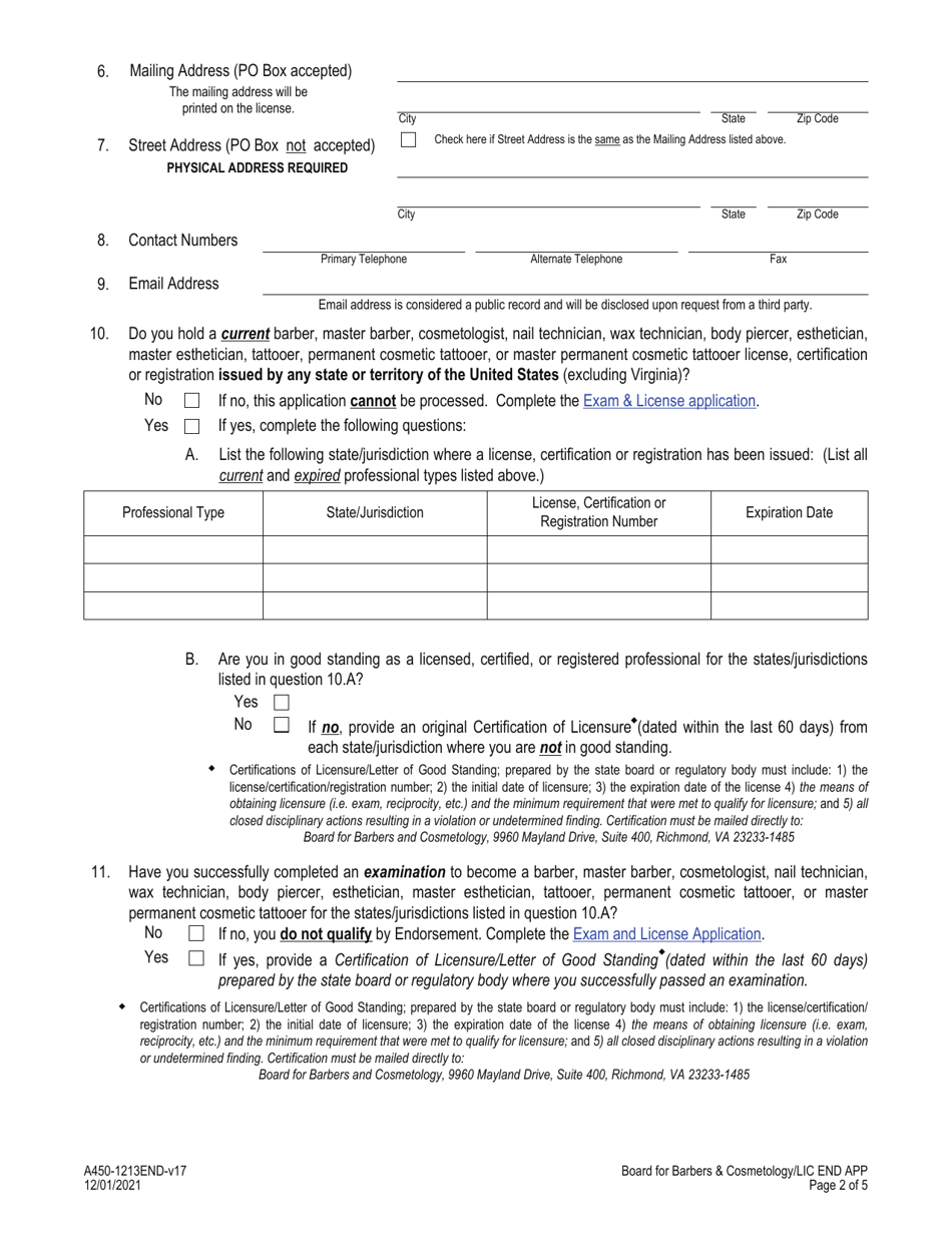 Form A450-1213END License by Endorsement Application - Virginia, Page 2