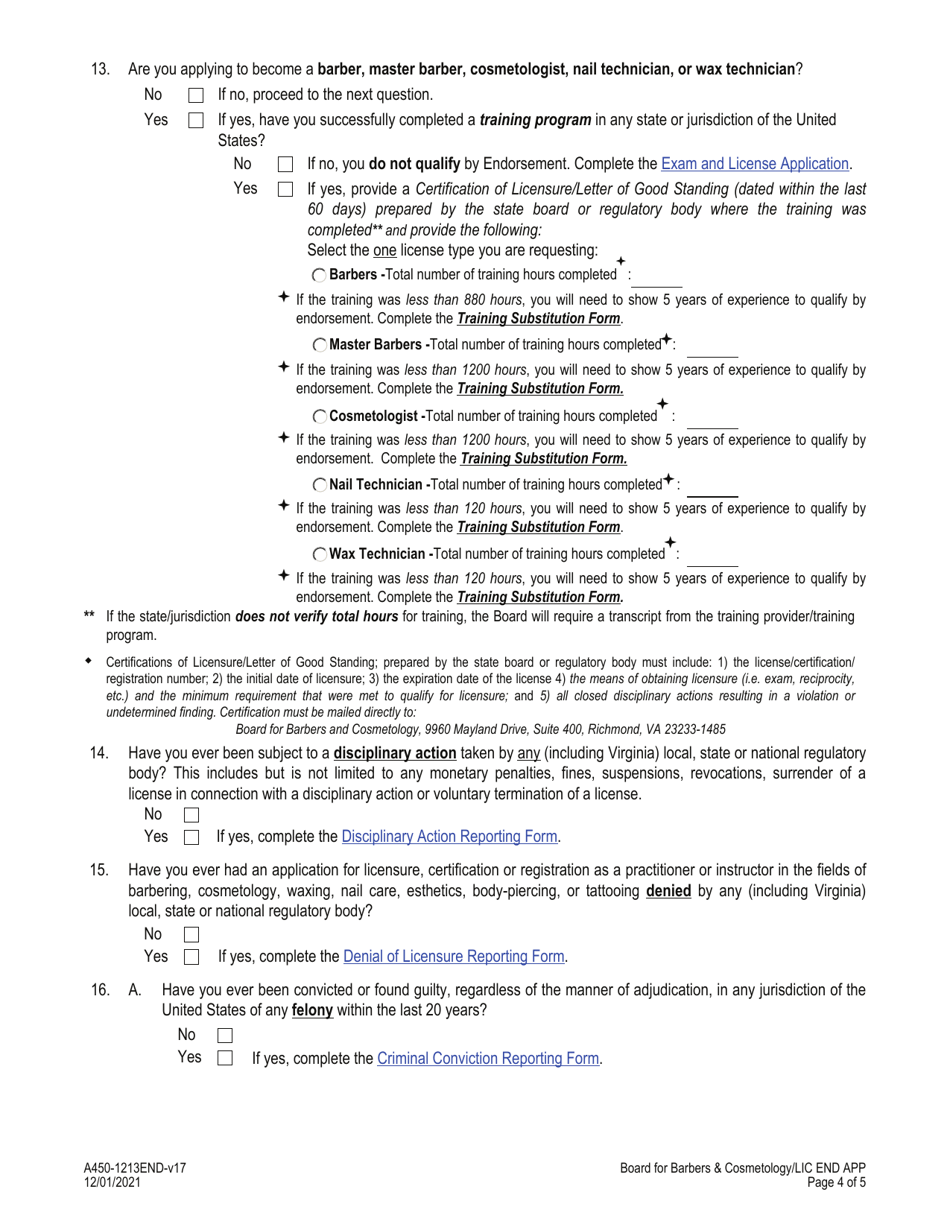 Form A450-1213END License by Endorsement Application - Virginia, Page 4