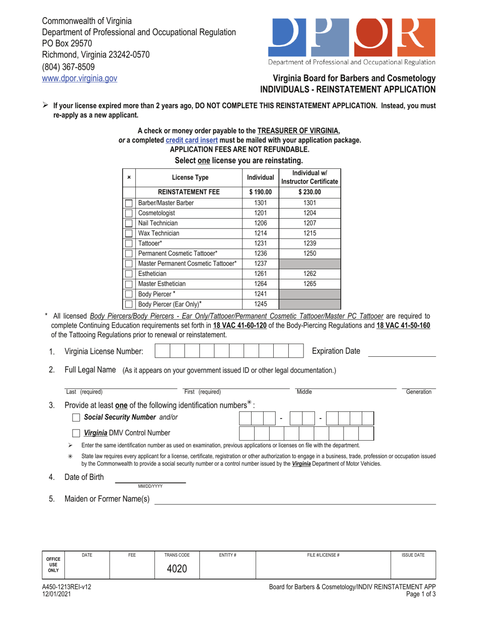 Form A450-1213REI Individuals - Reinstatement Application - Virginia, Page 1