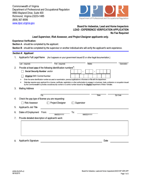Form A506-33LEXP Lead - Experience Verification Application - Virginia
