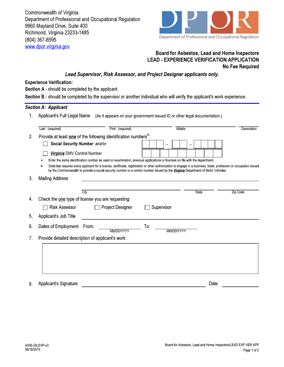 Form A506-33LEXP Lead - Experience Verification Application - Virginia, Page 1