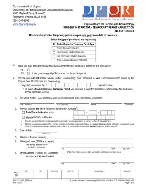 Form A450-1213ST_TEMP Student Instructor - Temporary Permit Application - Virginia