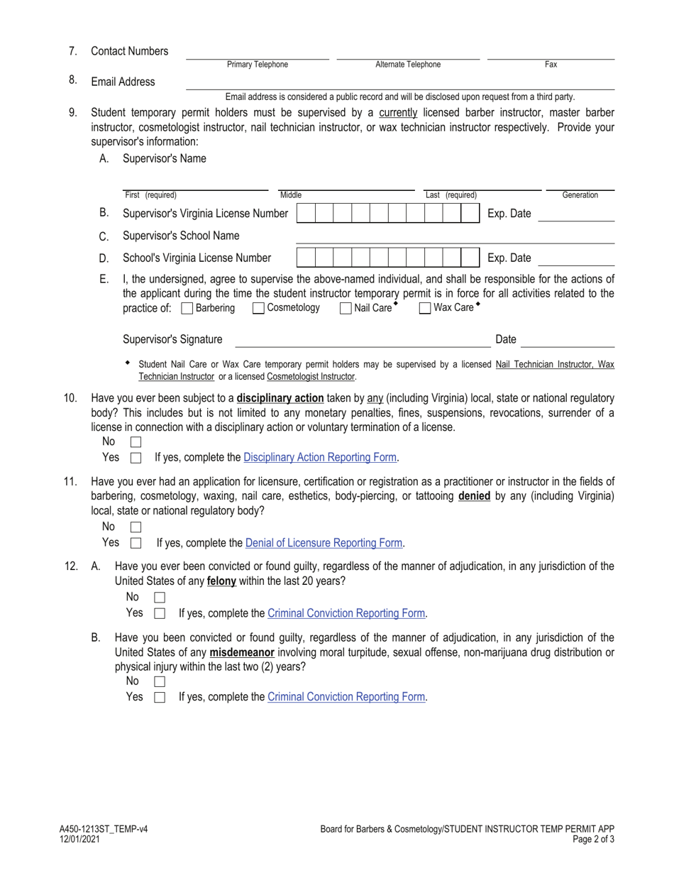 Form A450-1213ST_TEMP Student Instructor - Temporary Permit Application - Virginia, Page 2