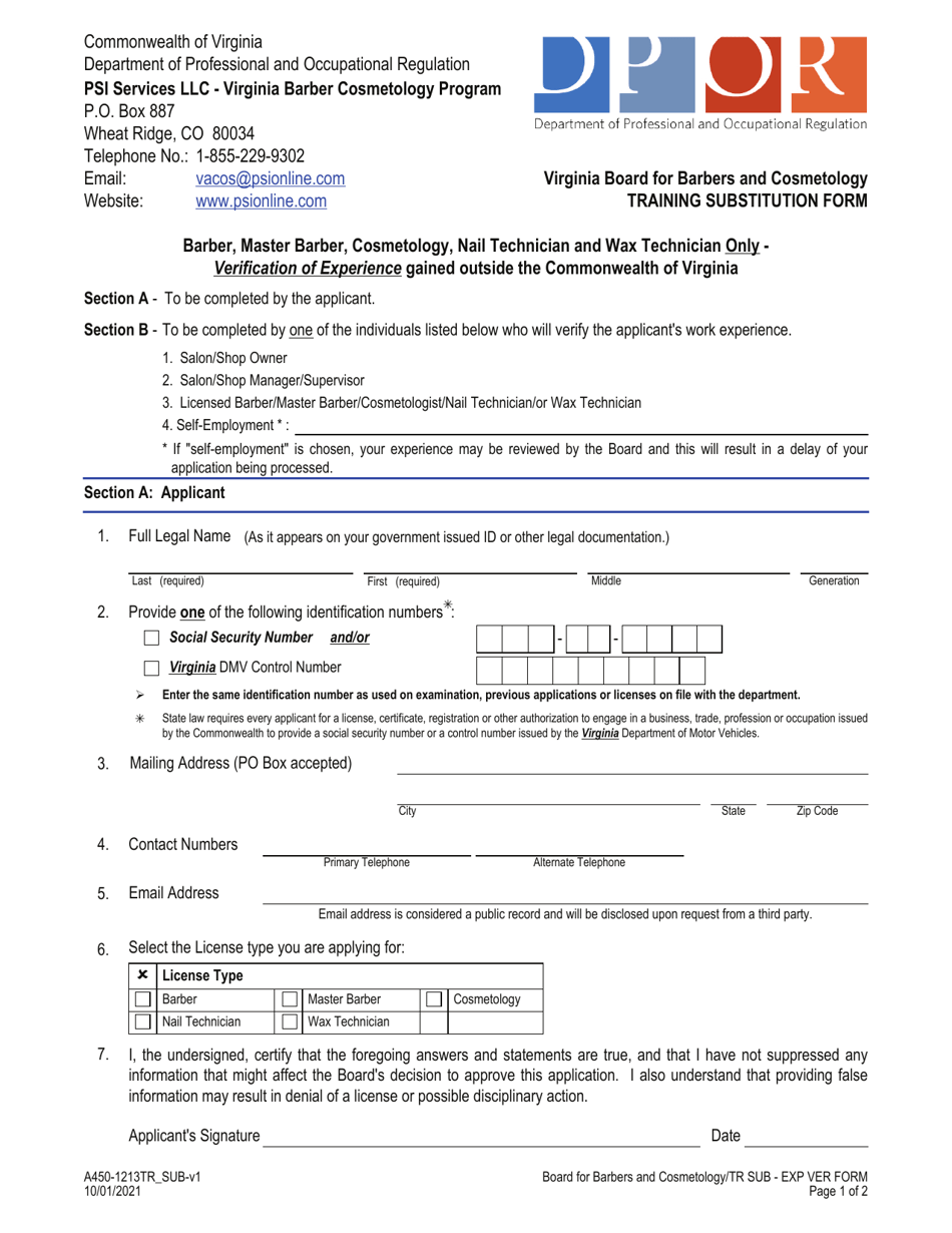Form A450-1213TR_SUB Training Substitution Form - Barber, Master Barber, Cosmetology, Nail Technician and Wax Technician - Virginia, Page 1