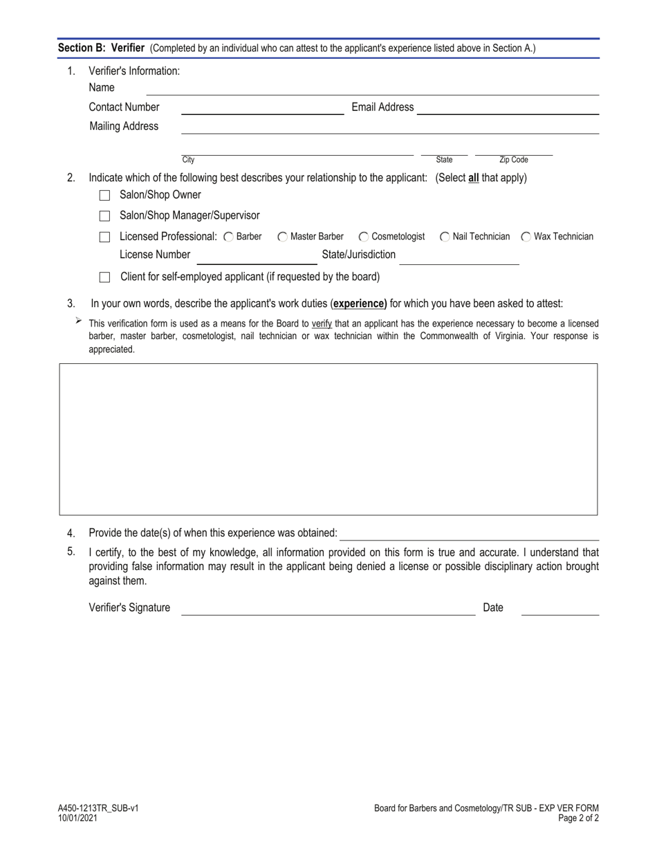 Form A450-1213TR_SUB Training Substitution Form - Barber, Master Barber, Cosmetology, Nail Technician and Wax Technician - Virginia, Page 2
