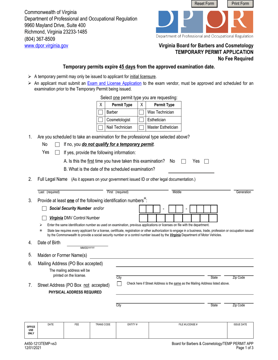 Form A450-1213TEMP Temporary Permit Application - Virginia, Page 1