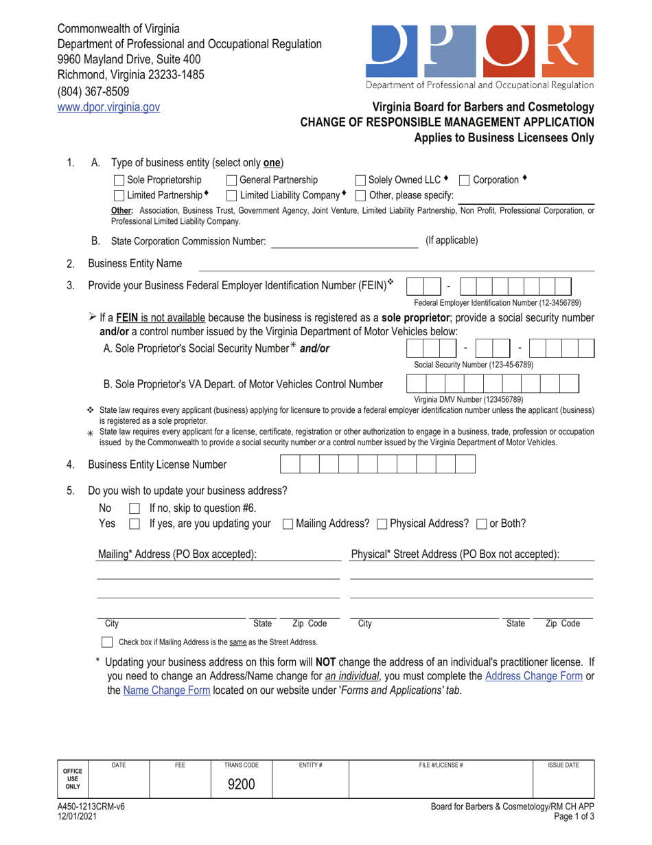 Form A450-1213CRM Change of Responsible Management Application - Virginia, Page 1