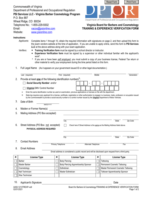 Form A450-1213TREXP Training & Experience Verification Form - Virginia Board for Barbers and Cosmetology - Virginia