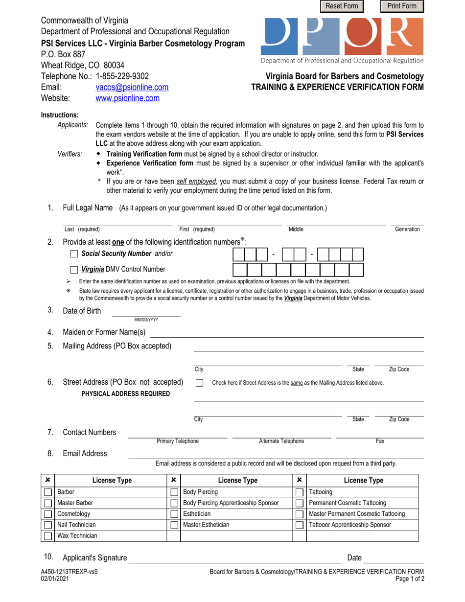 Form A450-1213TREXP Training  Experience Verification Form - Virginia Board for Barbers and Cosmetology - Virginia, Page 1