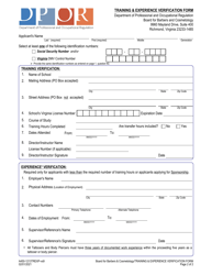Form A450-1213TREXP Training &amp; Experience Verification Form - Virginia Board for Barbers and Cosmetology - Virginia, Page 2