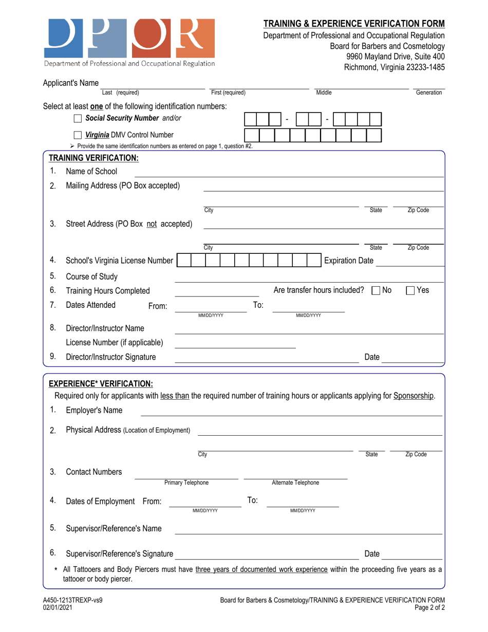 Form A450-1213TREXP Training  Experience Verification Form - Virginia Board for Barbers and Cosmetology - Virginia, Page 2