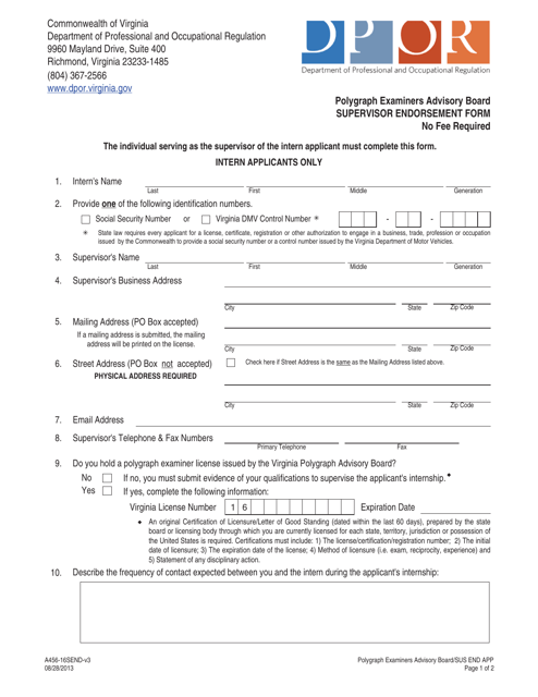 Form A456-16SEND Supervisor Endorsement Form - Virginia